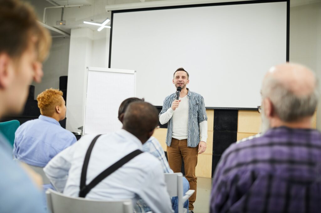 Startup entrepreneur presenting his project at conference